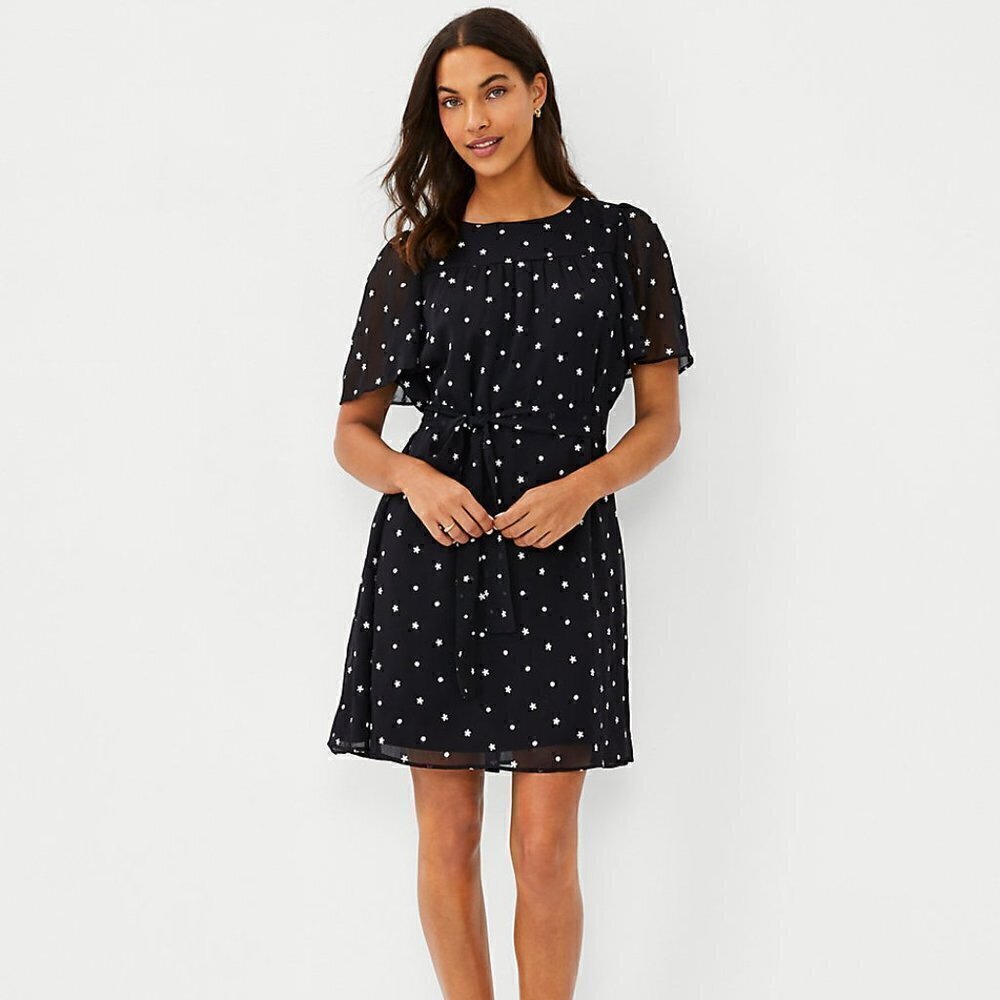 Ann Taylor Size M Black and white Floral embroidered shift dress with belt